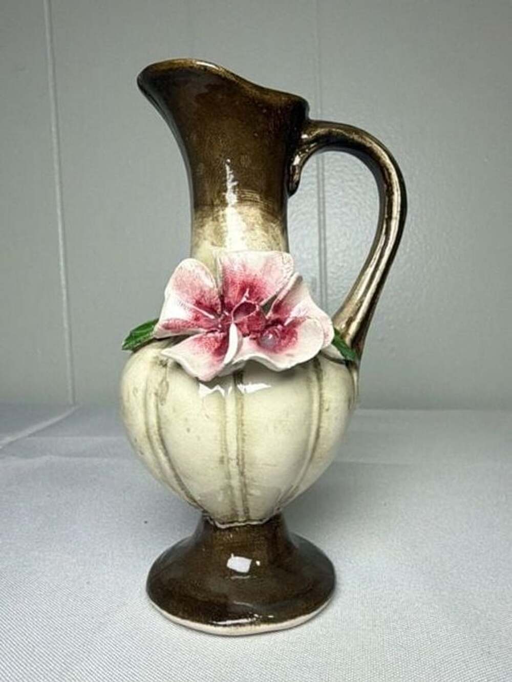 Nuova Capodimonte Miniature Pitcher Vase 6 Inch Brown Pink Rose